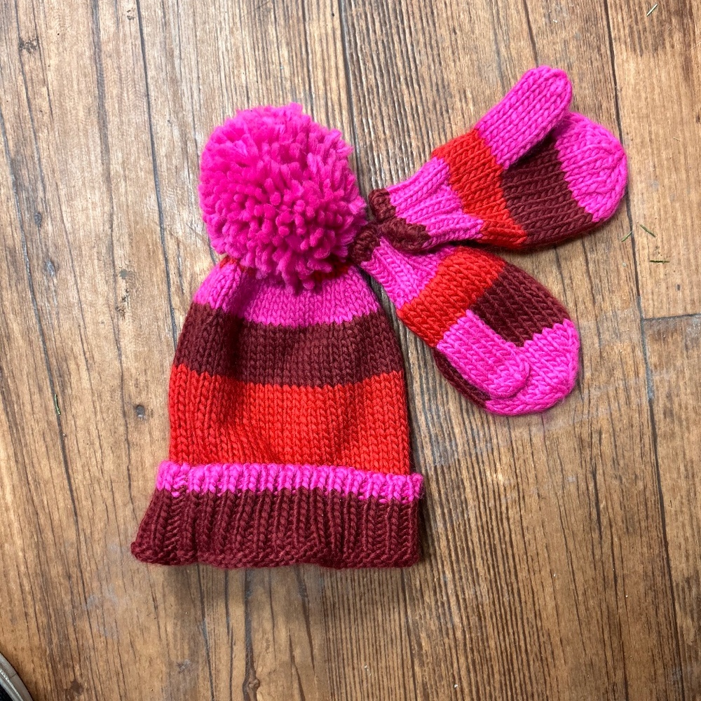 Joe fresh 1/3 years pink & red knit striped winter hat and mittens